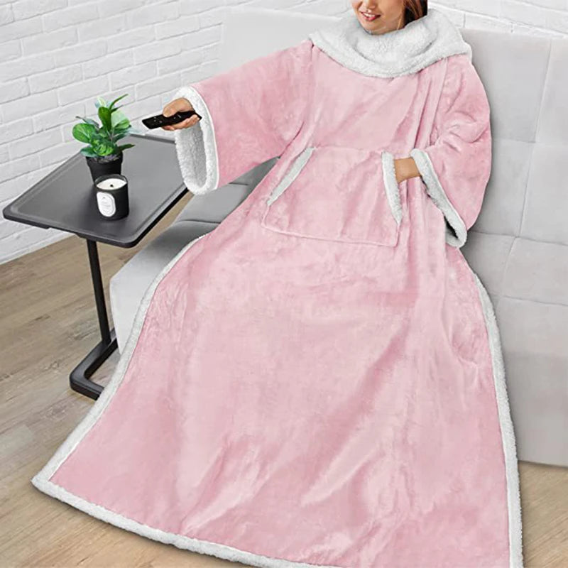 Woman wearing a wearable electric heating sleeve blanket for cozy warmth