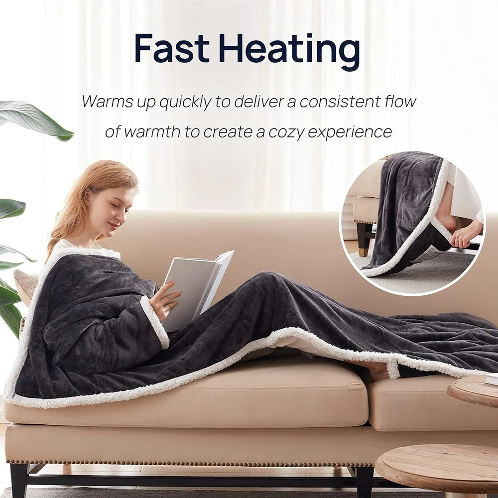 Electric heated wearable blanket with sleeves, ultra-soft flannel sherpa design