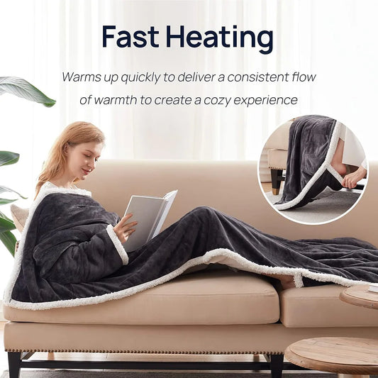 Electric heated wearable blanket with sleeves, ultra-soft flannel sherpa design