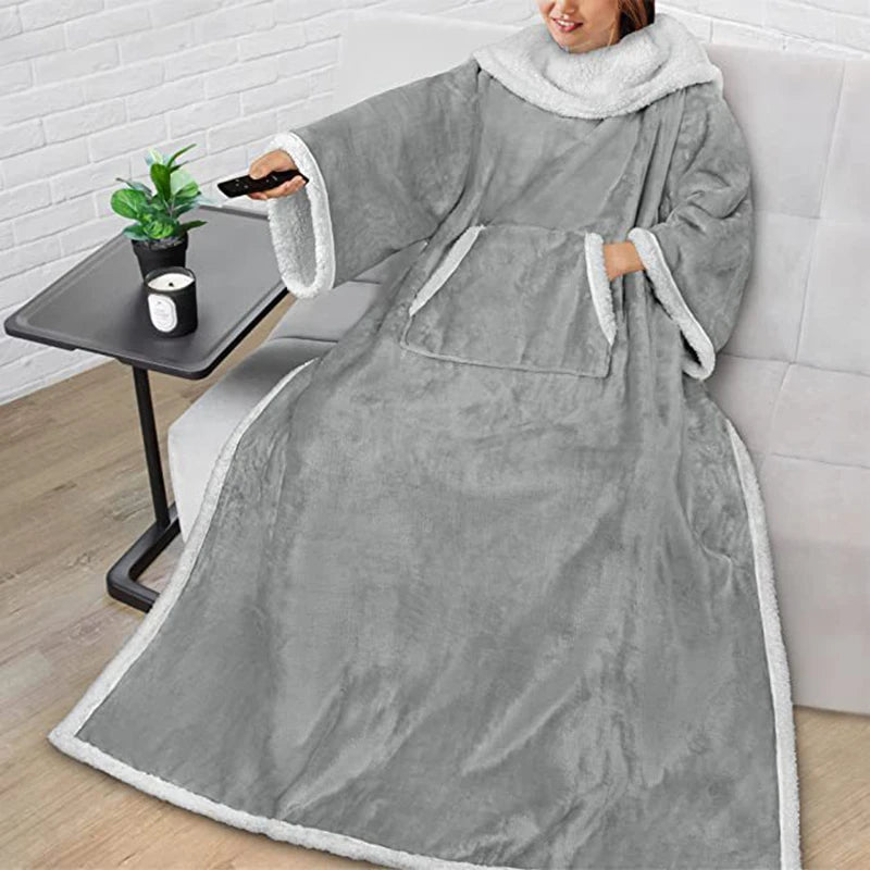 Woman wearing a wearable electric heating sleeve blanket for cozy warmth