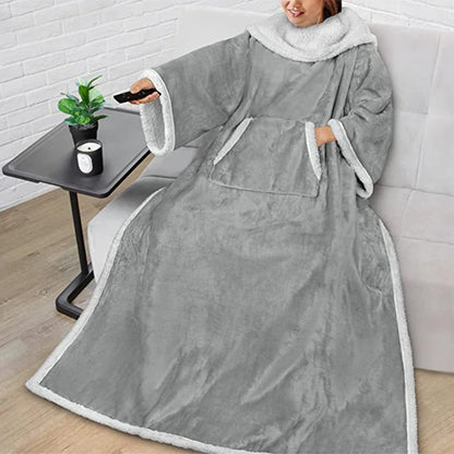 Woman wearing a wearable electric heating sleeve blanket for cozy warmth