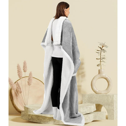 Woman wearing a wearable electric heating sleeve blanket for cozy warmth